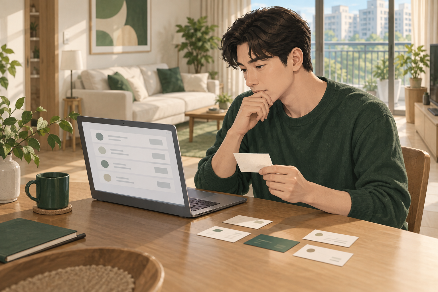 노트북 업체 목록과 명함의 사업장 정보를 대조하는 입주자 일러스트