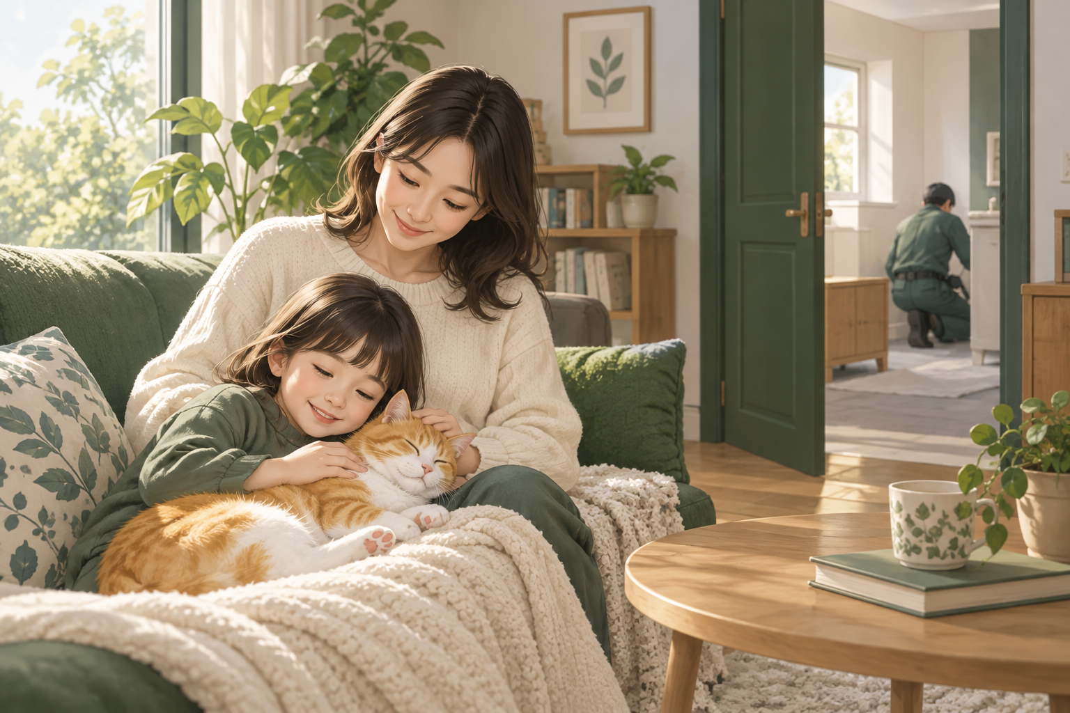 방문 작업 전 보호자가 어린이와 반려묘의 대기 공간을 준비하는 일러스트