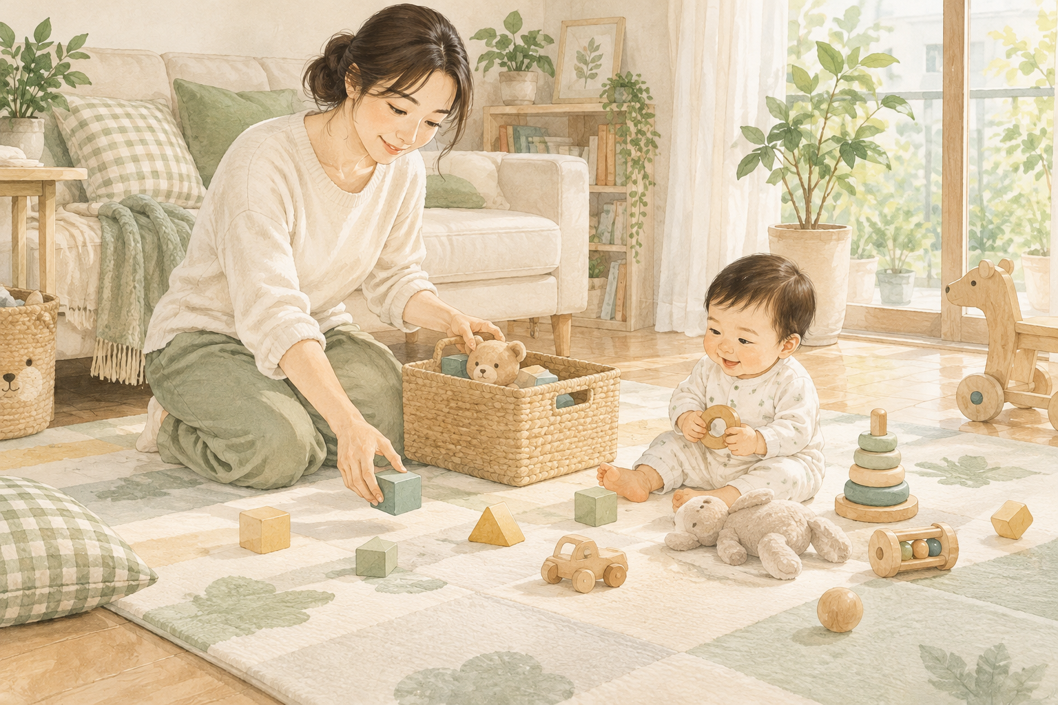 아기가 노는 매트 주변 장난감을 정리하는 보호자