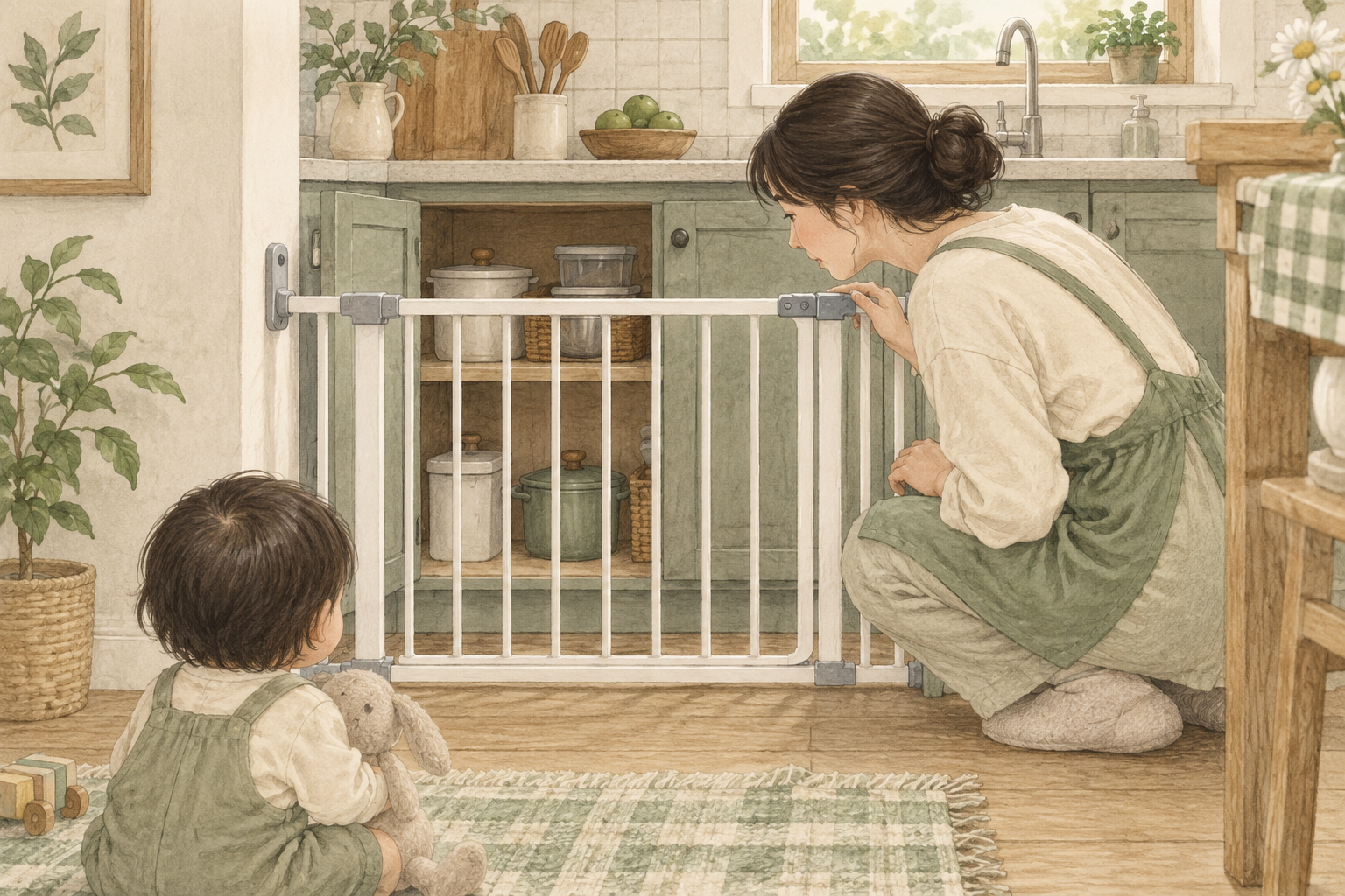 아기 생활 공간과 주방 사이 접근 구역을 확인하는 보호자