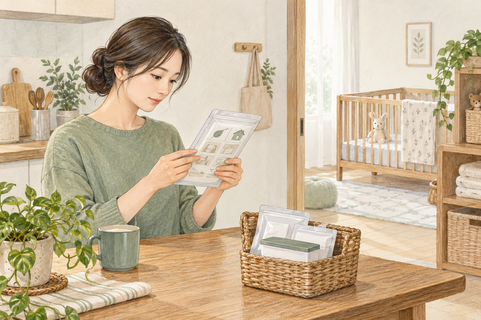 아이와 떨어진 곳에서 제품 안내문을 읽는 보호자