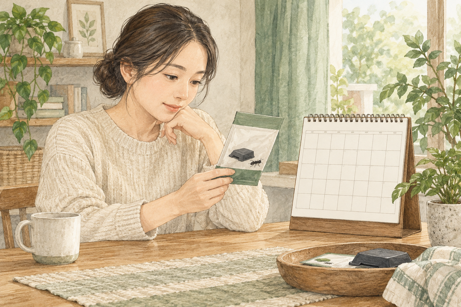 바퀴벌레 먹이약 교체일은 어떻게 정할까? 제품 표시와 관찰 기록 읽기 1 먹이약 제품 안내와 달력을 함께 확인하는 모습