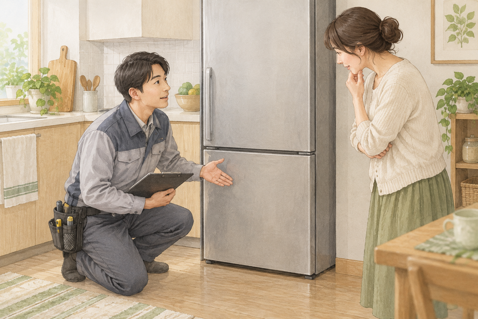 냉장고 뒤 물기와 바퀴벌레, 무리하게 옮기지 않는 점검법 3 냉장고 주변 상태를 서비스 담당자에게 설명하는 모습