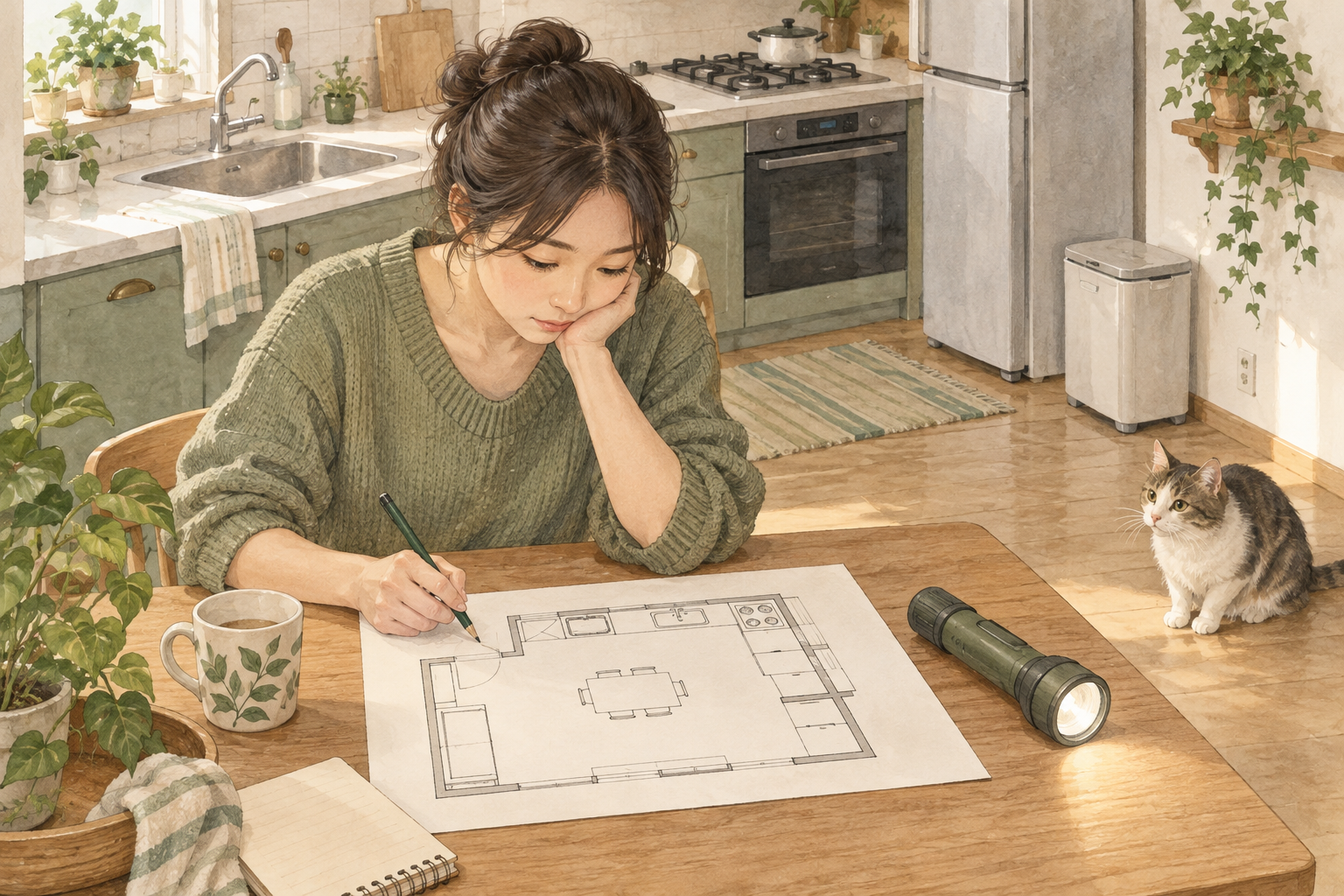 주방 도면에 바퀴벌레 발견 위치를 기록하는 사람과 손전등