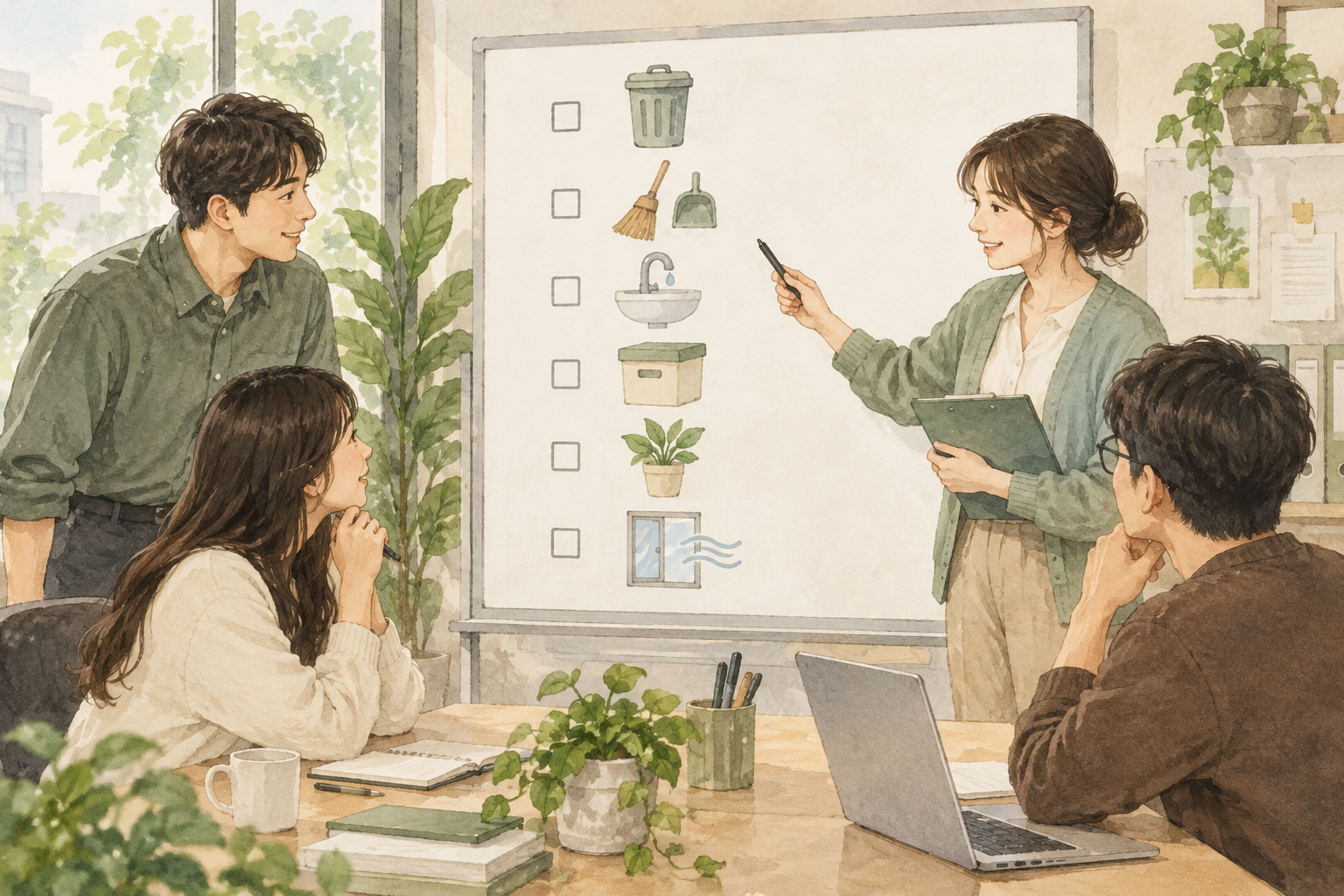 직원들이 탕비실 점검 구역과 담당 업무를 나누는 모습