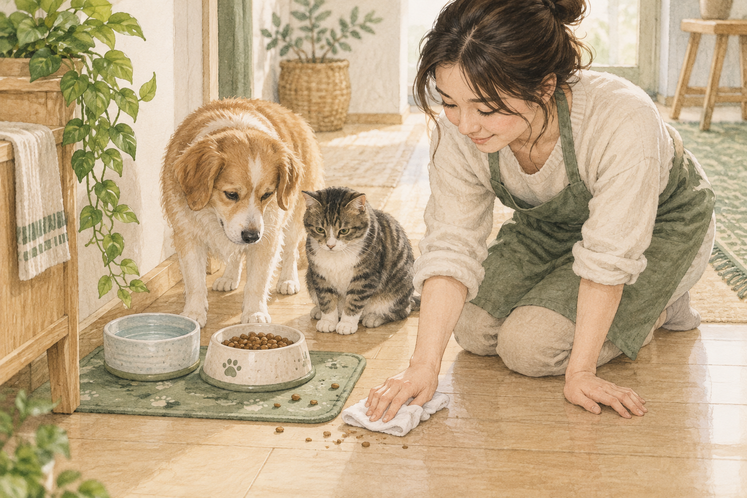 반려동물 사료 주변 바퀴벌레 예방, 급식과 보관을 나눠 관리하기 2 반려동물 물그릇은 둔 채 급식 공간 주변 부스러기를 정리하는 모습
