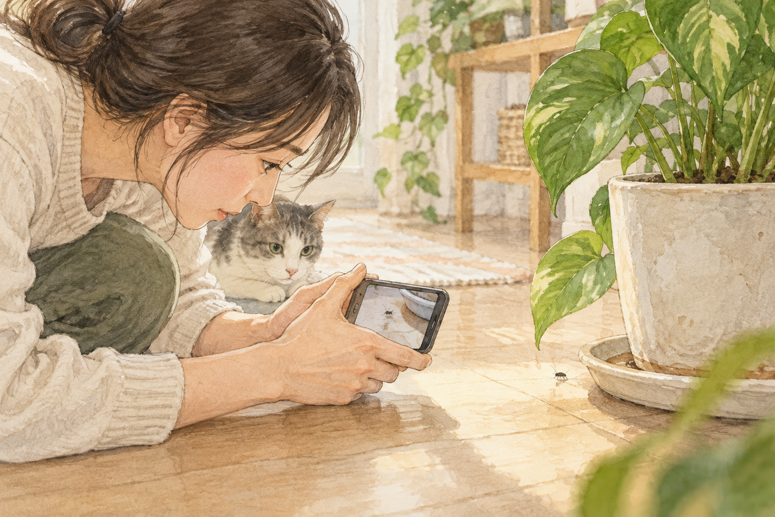 화분 주변 작은 벌레를 휴대전화로 촬영하는 모습