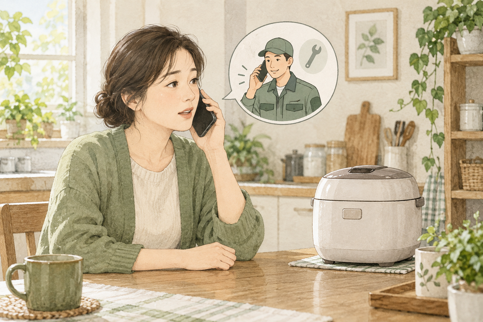 닫힌 밥솥 옆에서 제조사 서비스에 문의하는 사람