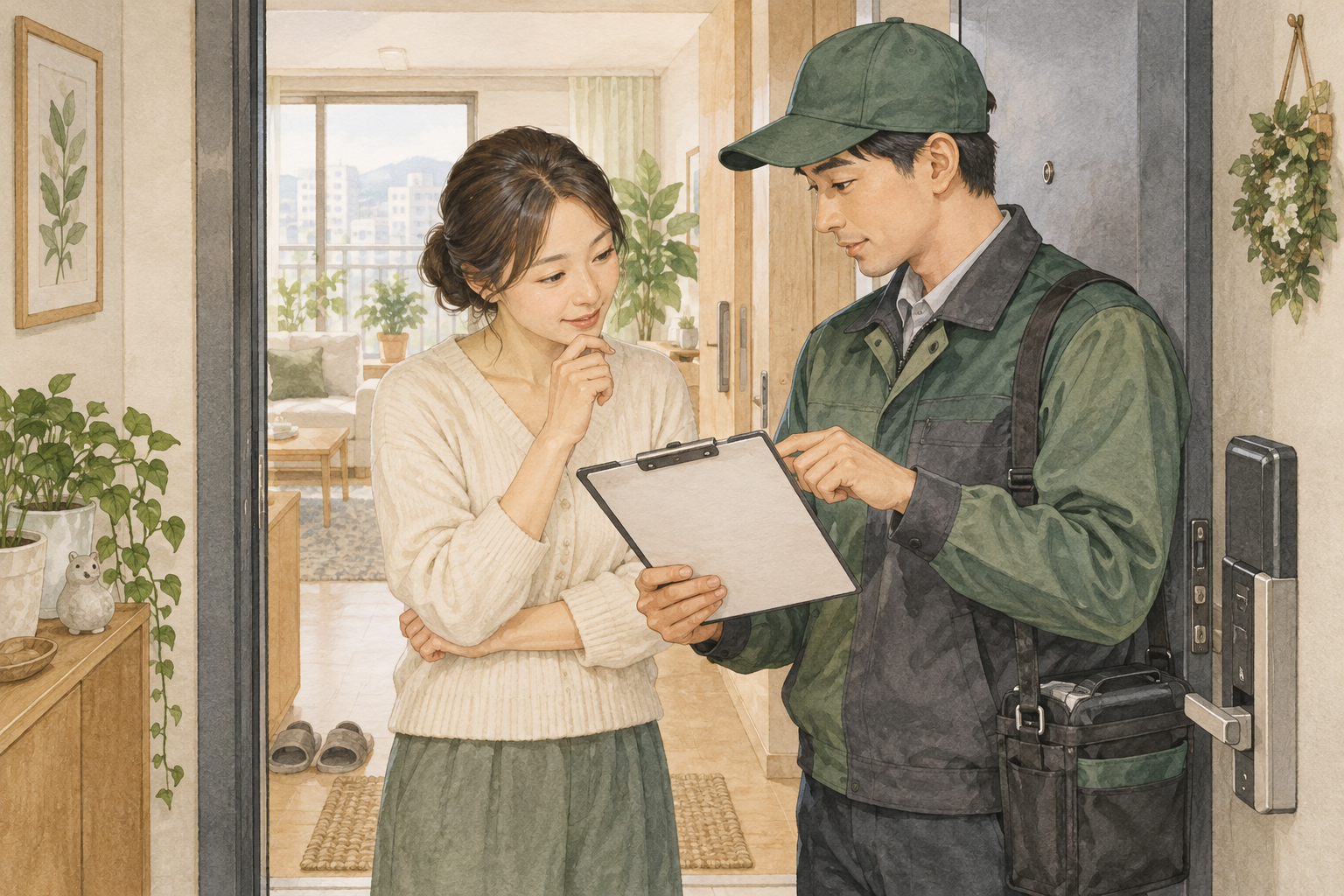 방역업체 방문 전 준비할 사진과 질문, 재점검까지 이어지는 상담법 1 현관에서 방역 점검표를 함께 확인하는 거주자와 작업자