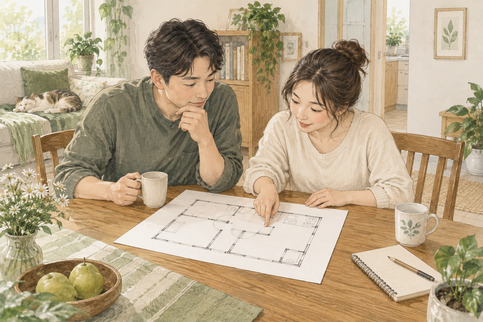 방역업체 방문 전 준비할 사진과 질문, 재점검까지 이어지는 상담법 3 식탁에서 방 도면을 함께 보며 점검 범위를 상담하는 두 사람