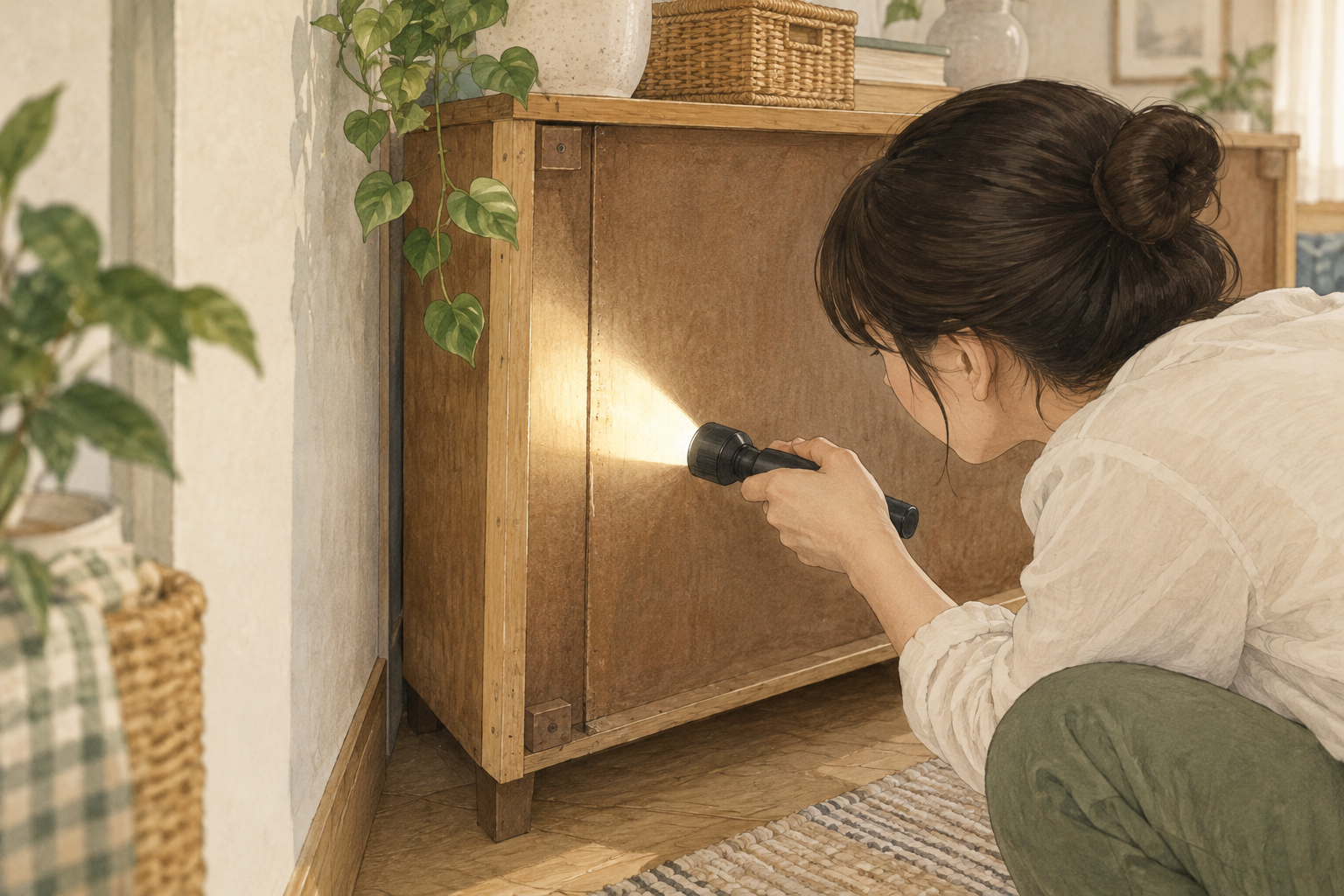 중고 가구 들이기 전 바퀴벌레 점검, 서랍·뒷판·포장재 확인 순서 2 가구 뒷판 연결부를 손전등으로 살펴보는 모습