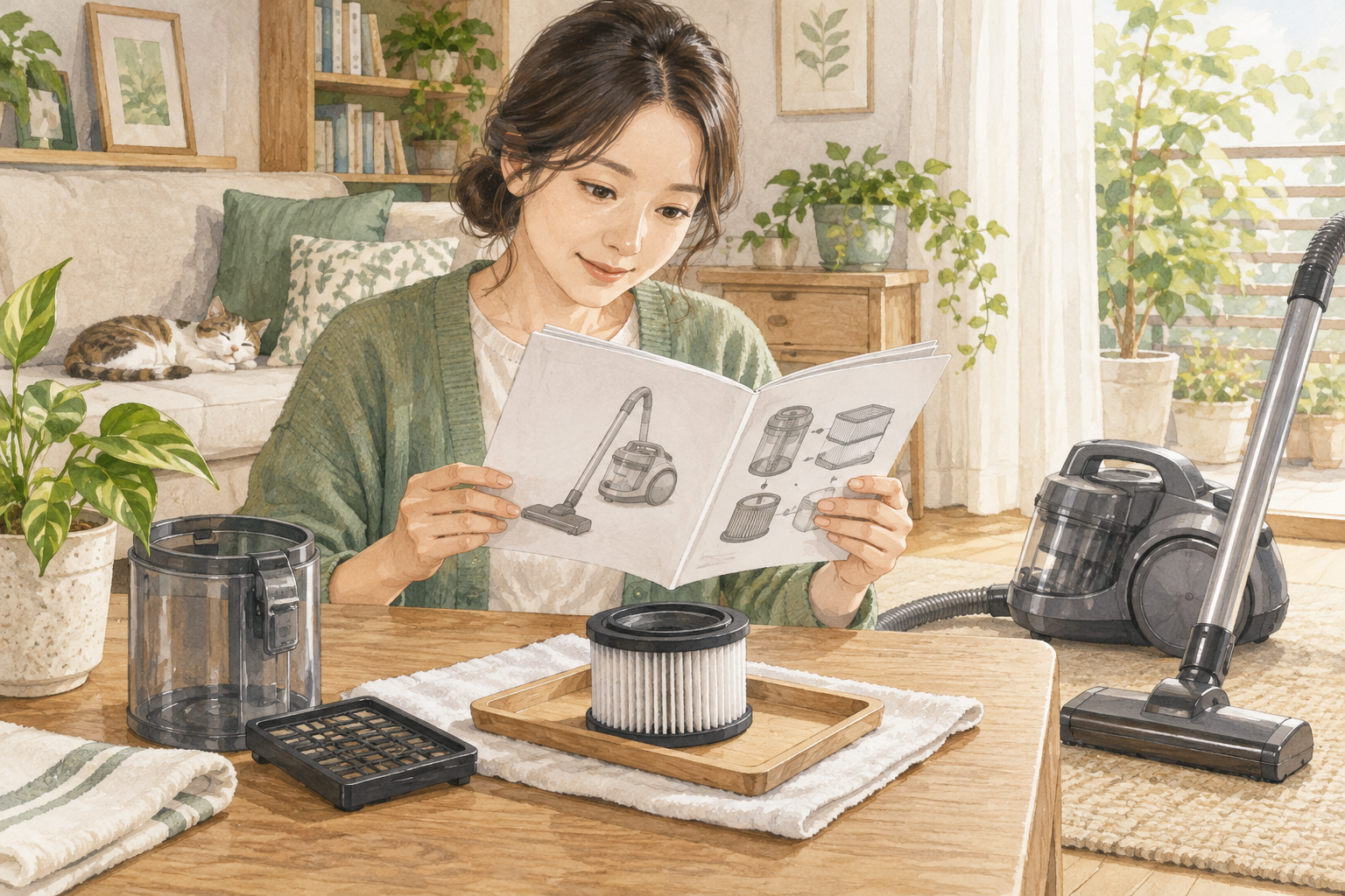 청소기 설명서에서 필터 관리 방법을 확인하는 모습